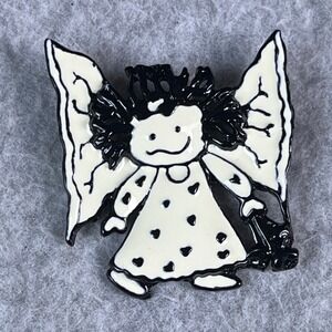 Vintage Brooch Pin SIGNED SFJ Crazy Angel Silver tone Enamel‎ Jewelry 48991